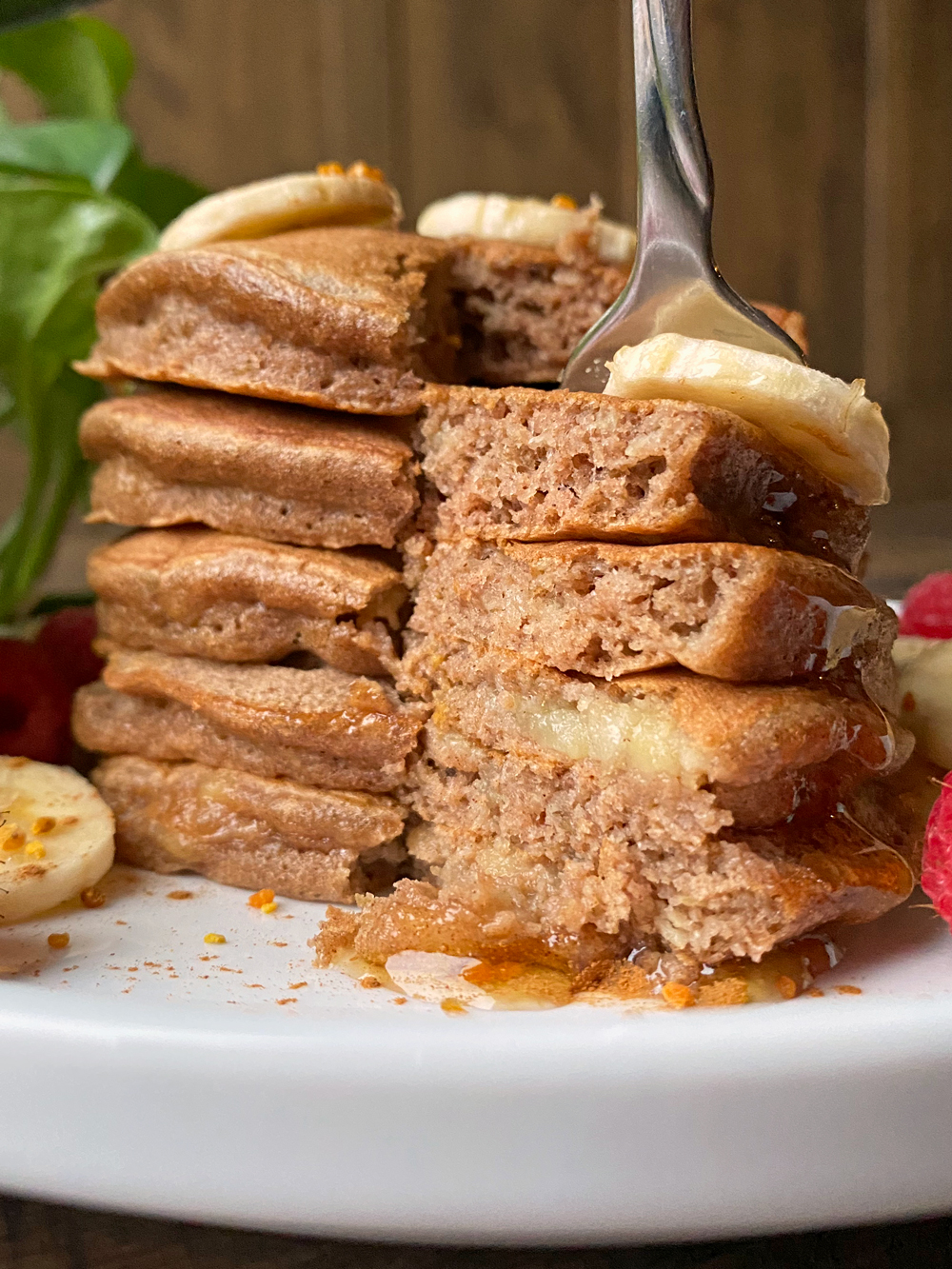 Sliced stack of cassava flour pancakes to show the inside texture.