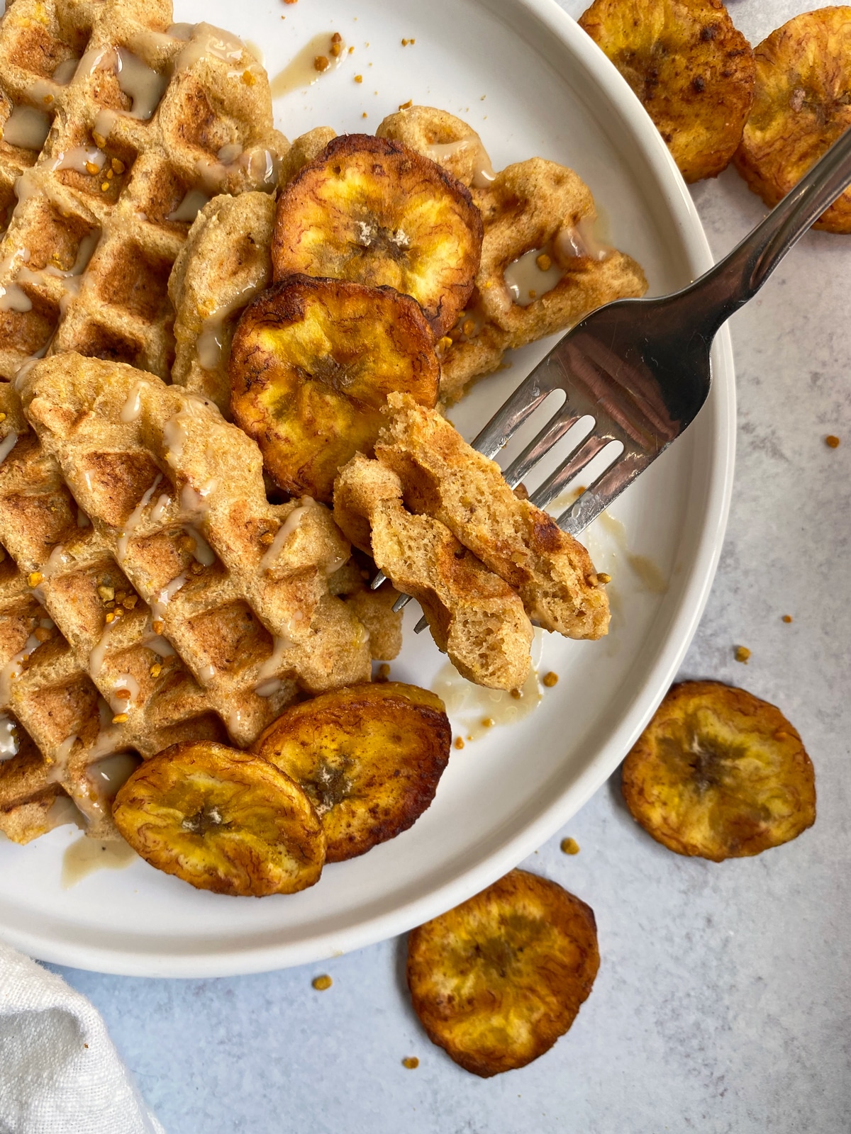 plantain waffles on fork