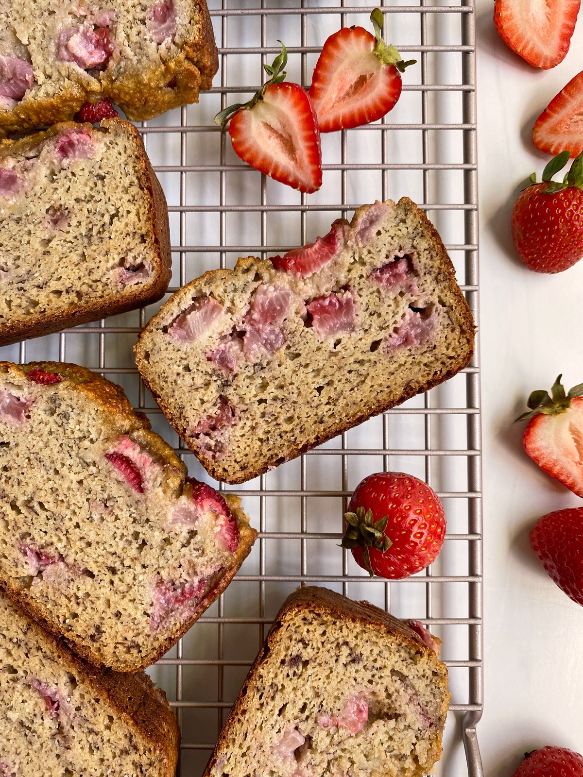 inside shot of banana bread with strawberries