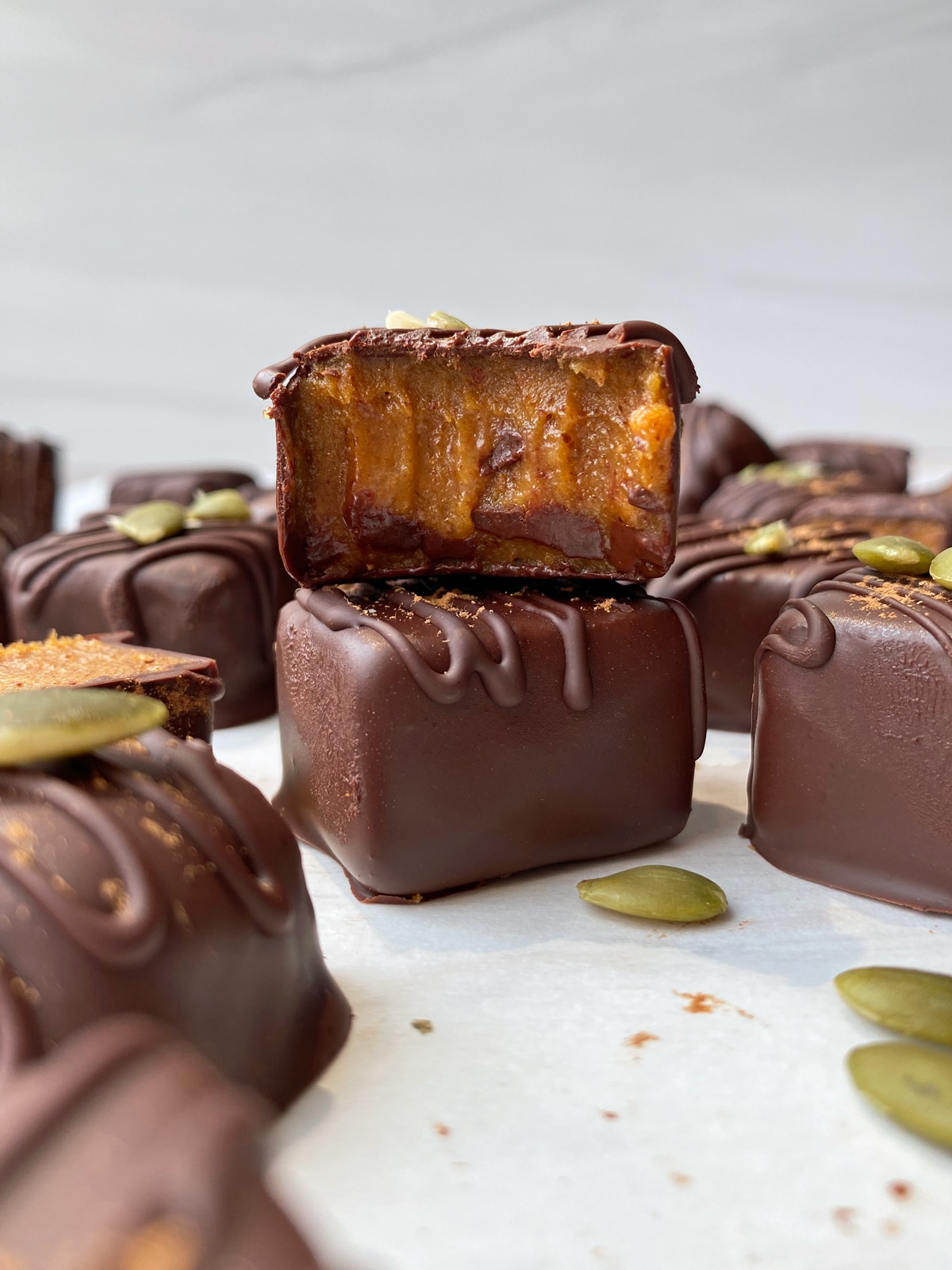 2 stacked pumpkin caramels