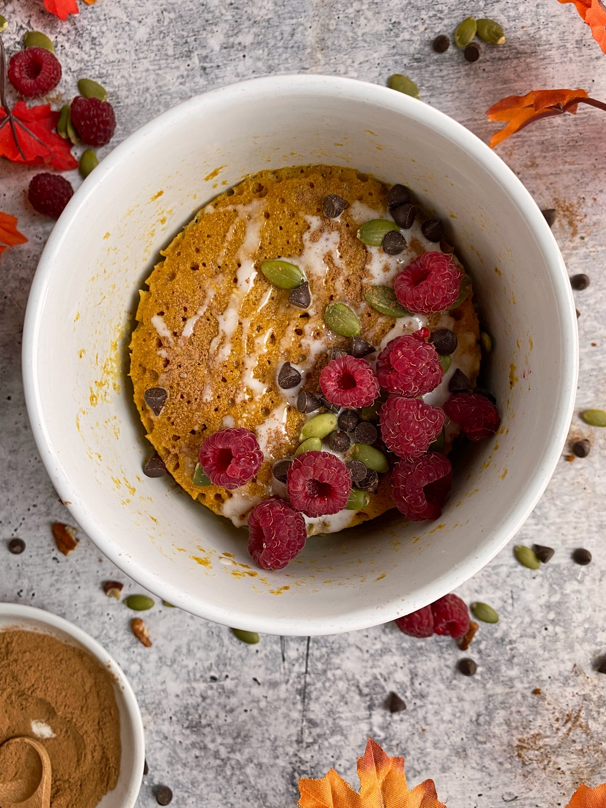 collagen pumpkin mug cake with toppings