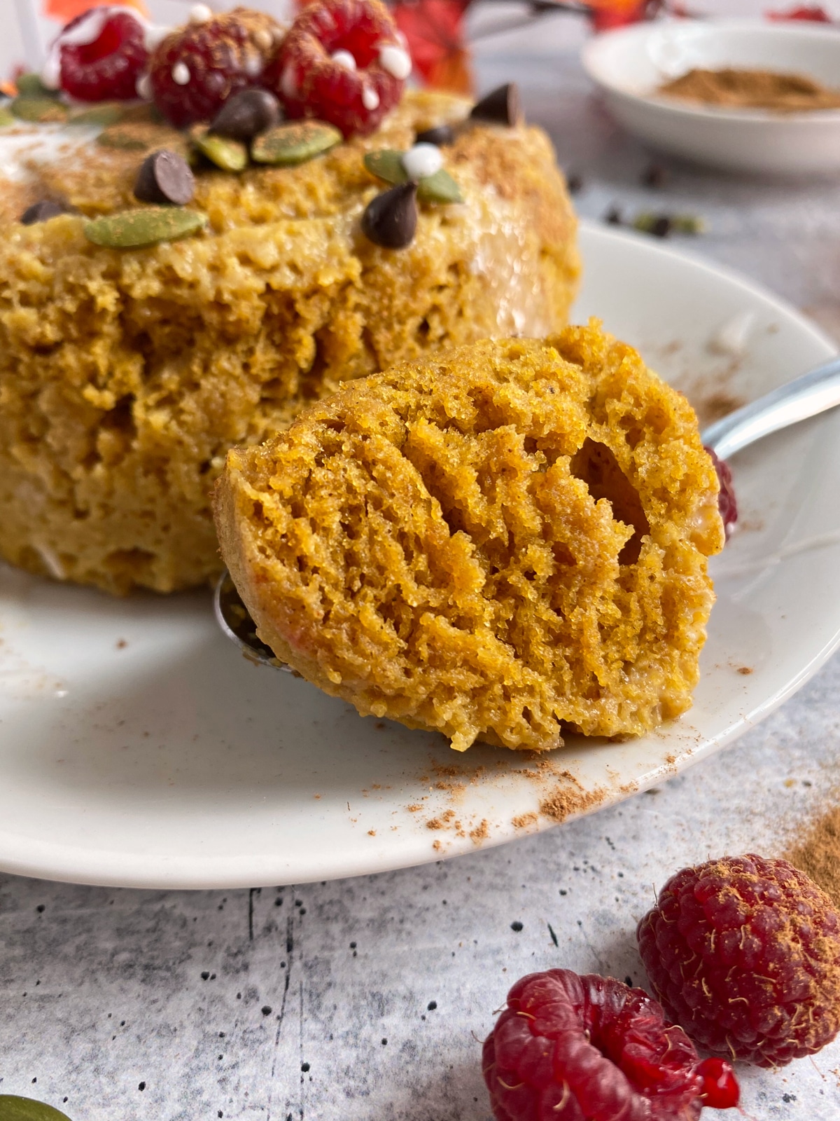 bite of pumpkin mug cake