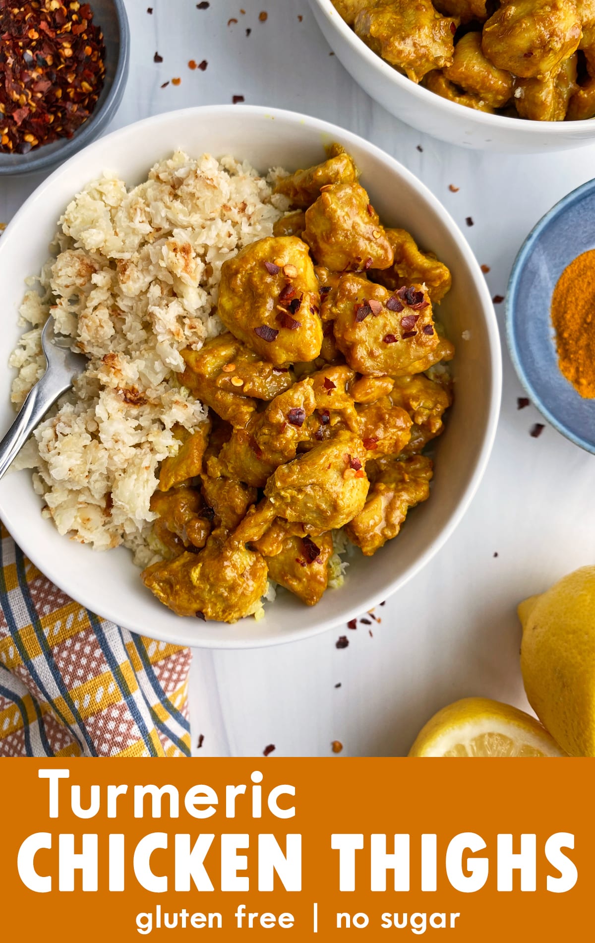 pinterest image for turmeric chicken thighs