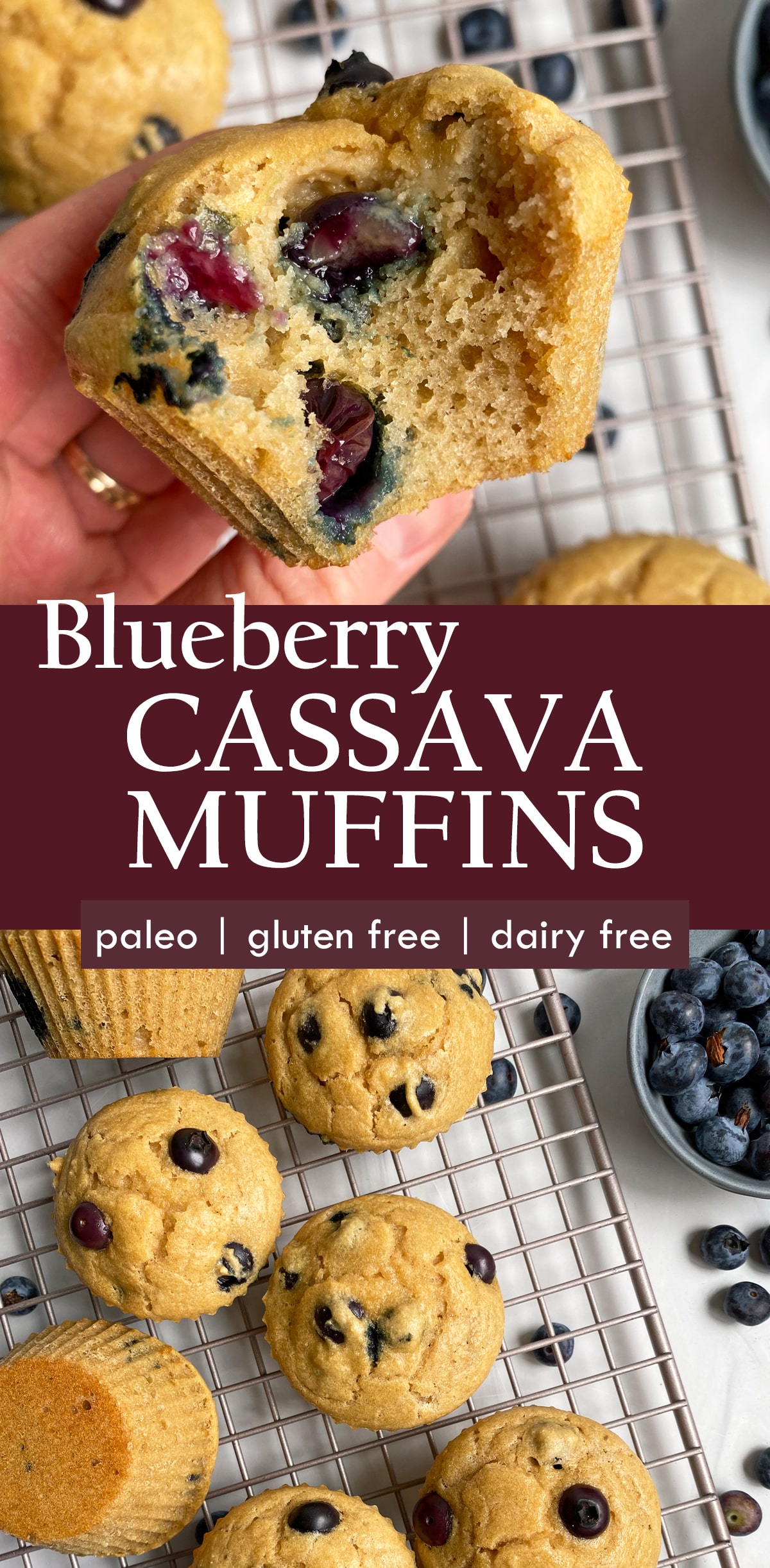 pinterest image for blueberry cassava muffins