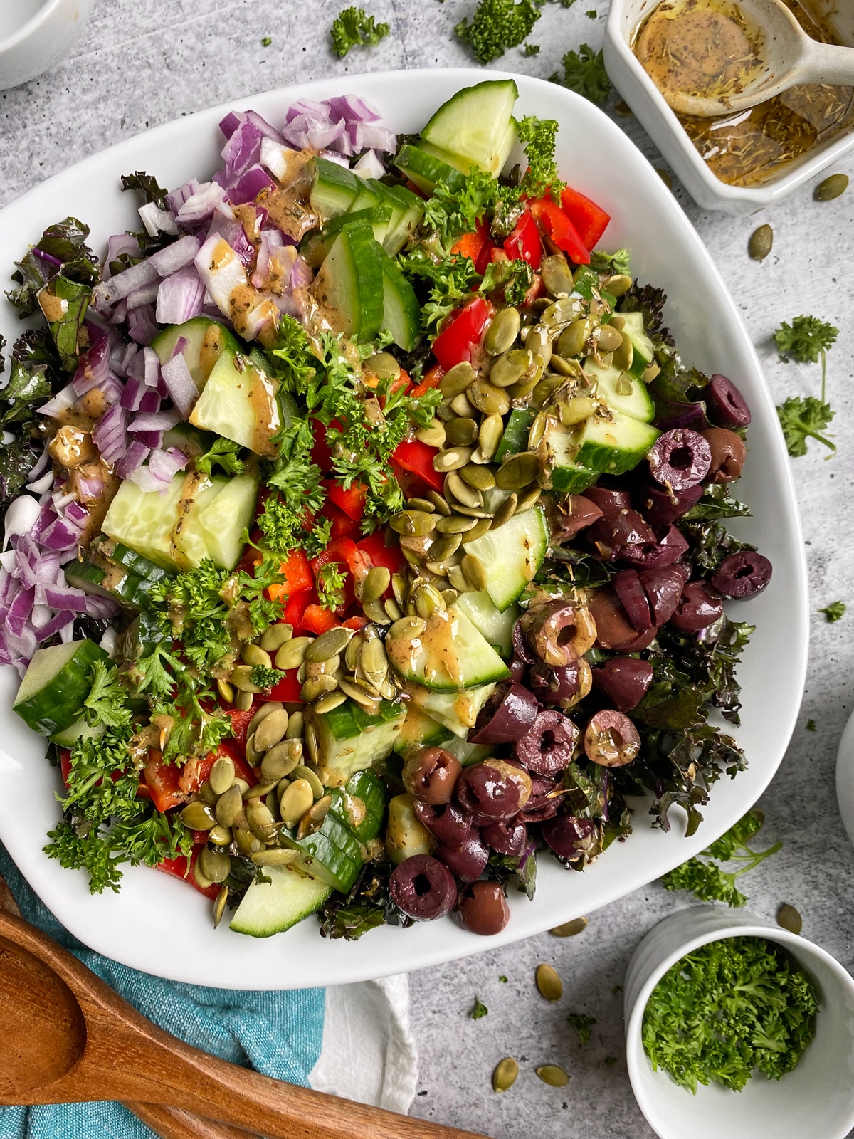 top view of chopped kale salad with dressing