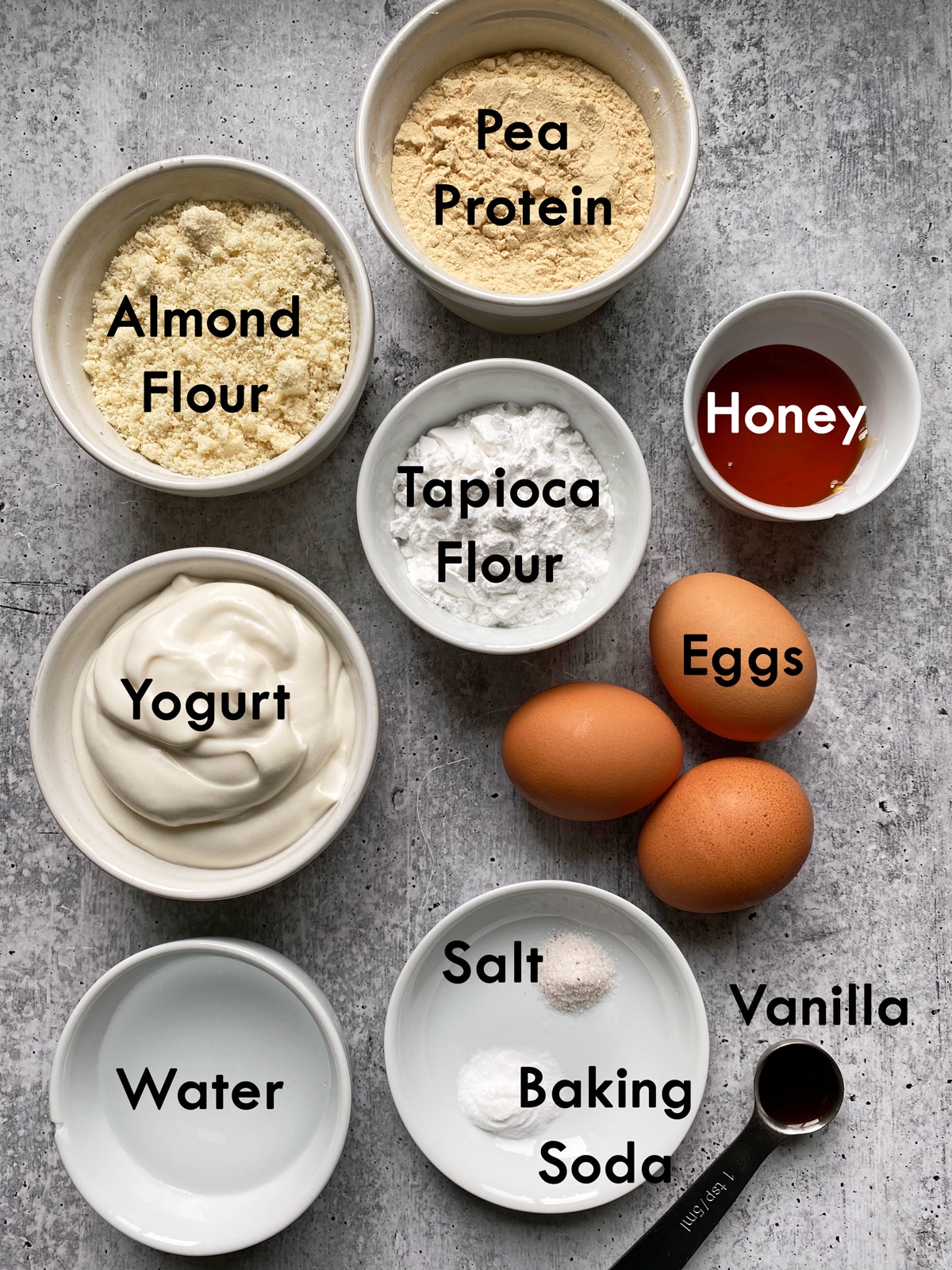 Ingredients needed to make vanilla-protein muffins.