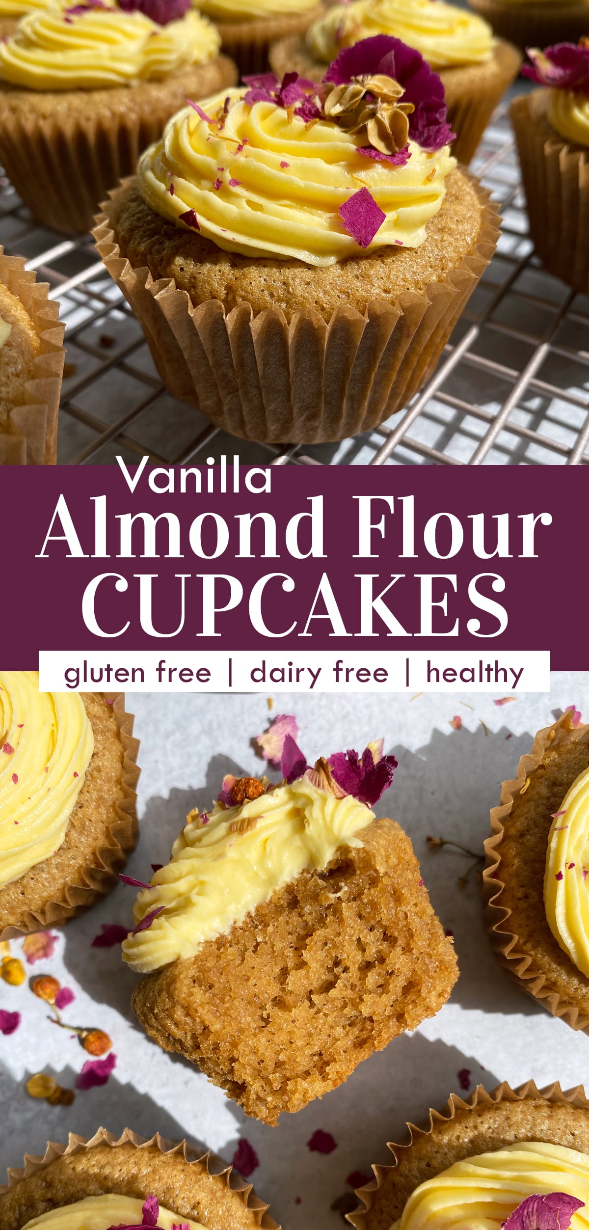 pinterest image for vanilla almond flour cupcakes