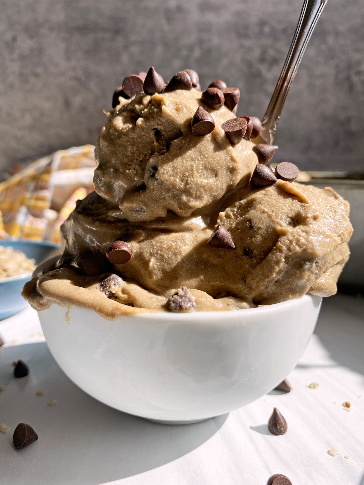 bowl of ice cream topped with chocolate chips