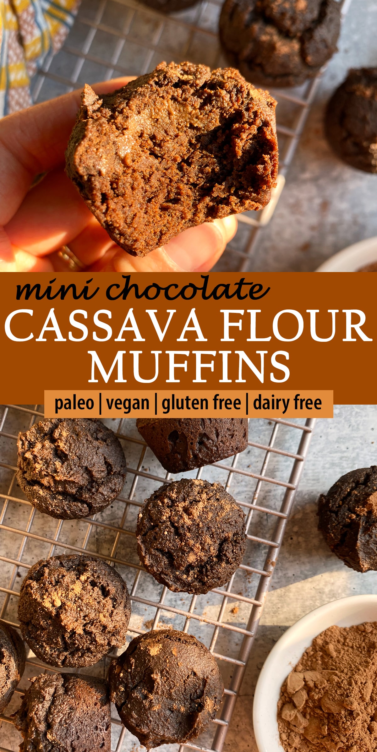 pinterest image for mini chocolate cassava flour muffins