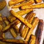 paleo plantain fries on baking sheet