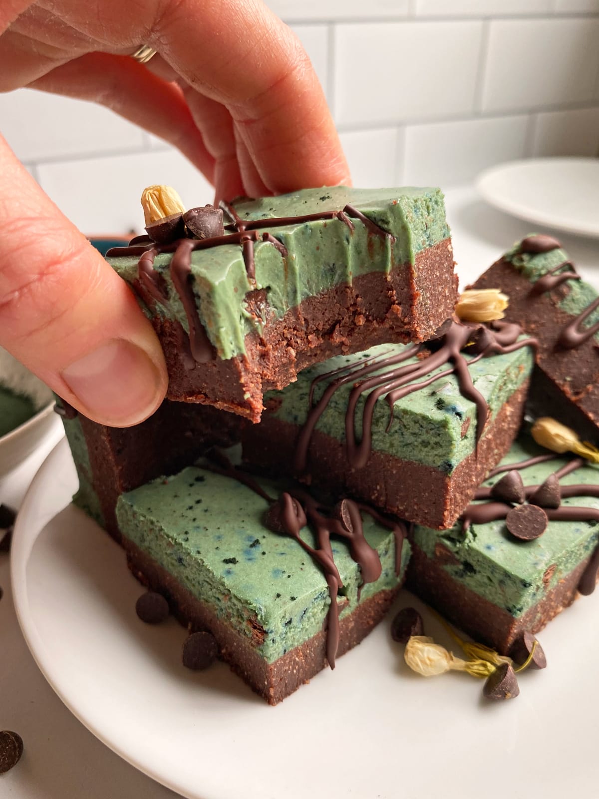 bite of a mint chocolate cookie bar