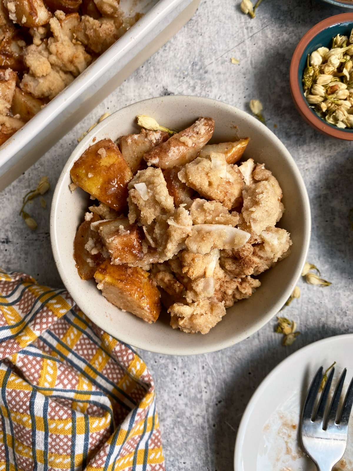 top view of pear crumble in small bowl