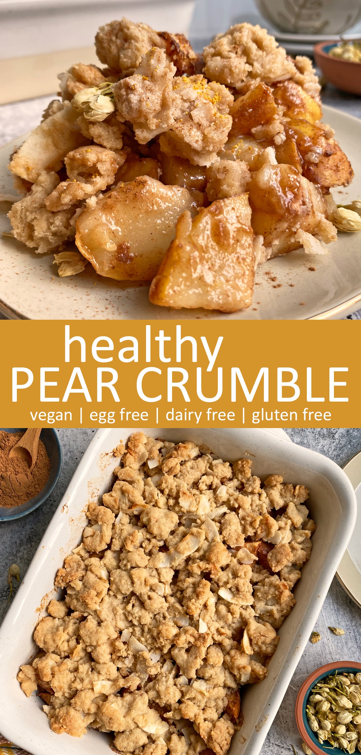 pinterest image for healthy pear crumble