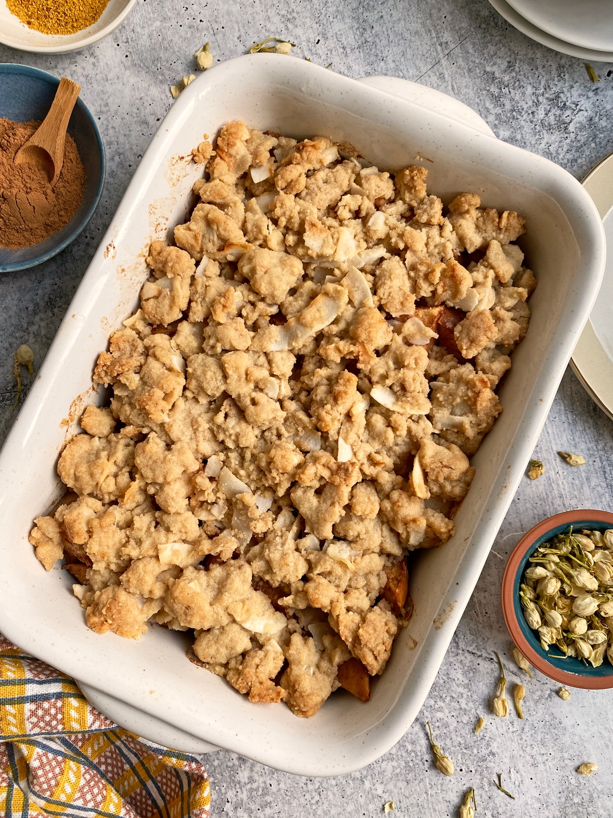 baked pear crumble, cooling in baking dish