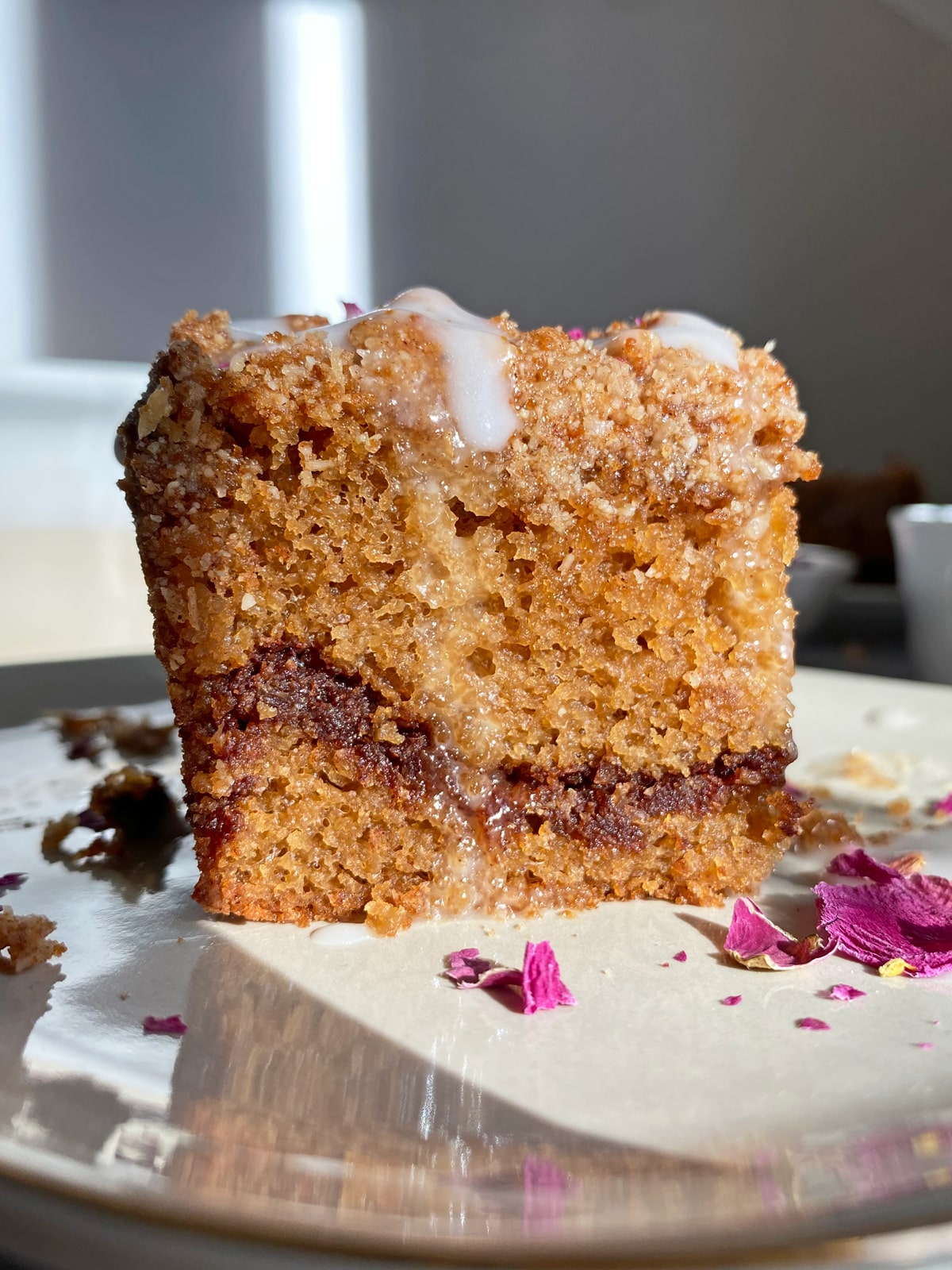 slice of coffee cake topped with icing