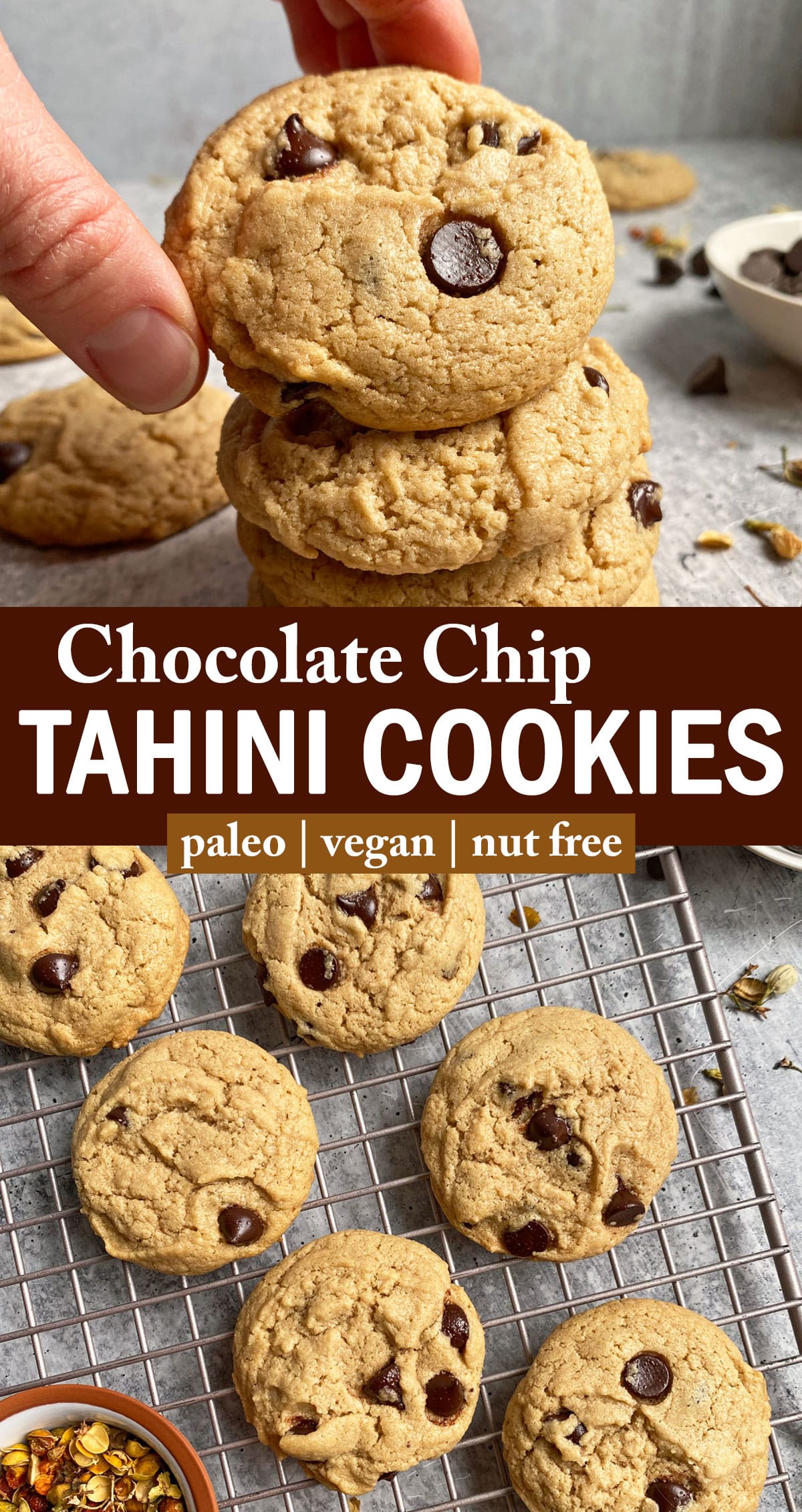 pinterest image for chocolate chip tahini cookies