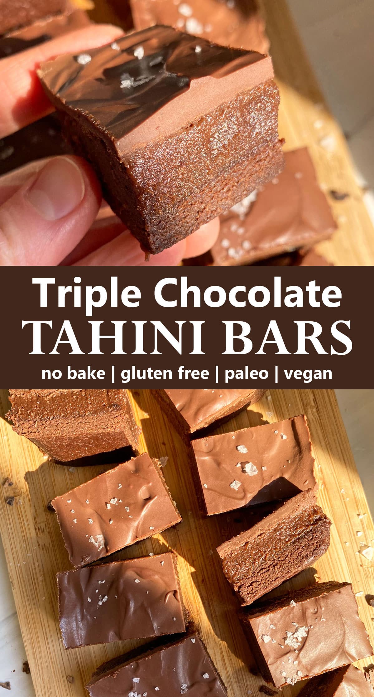 pinterest image for triple chocolate tahini bars
