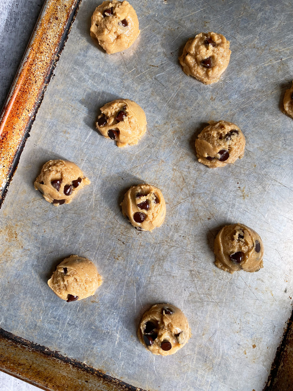 cookie dough on baking pan, ready for the oven