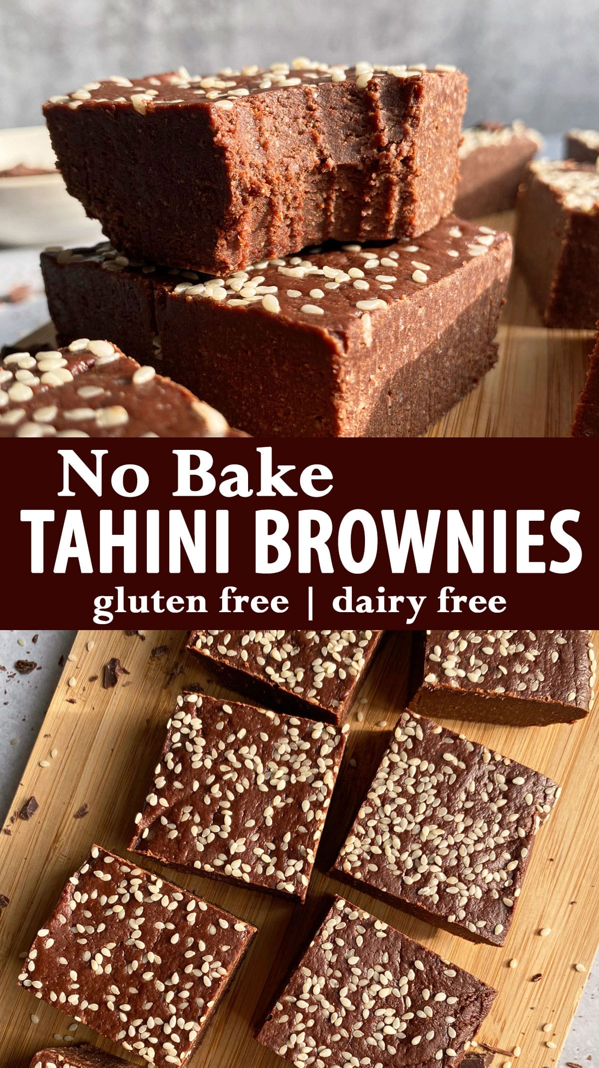 pinterest image for no bake tahini brownies