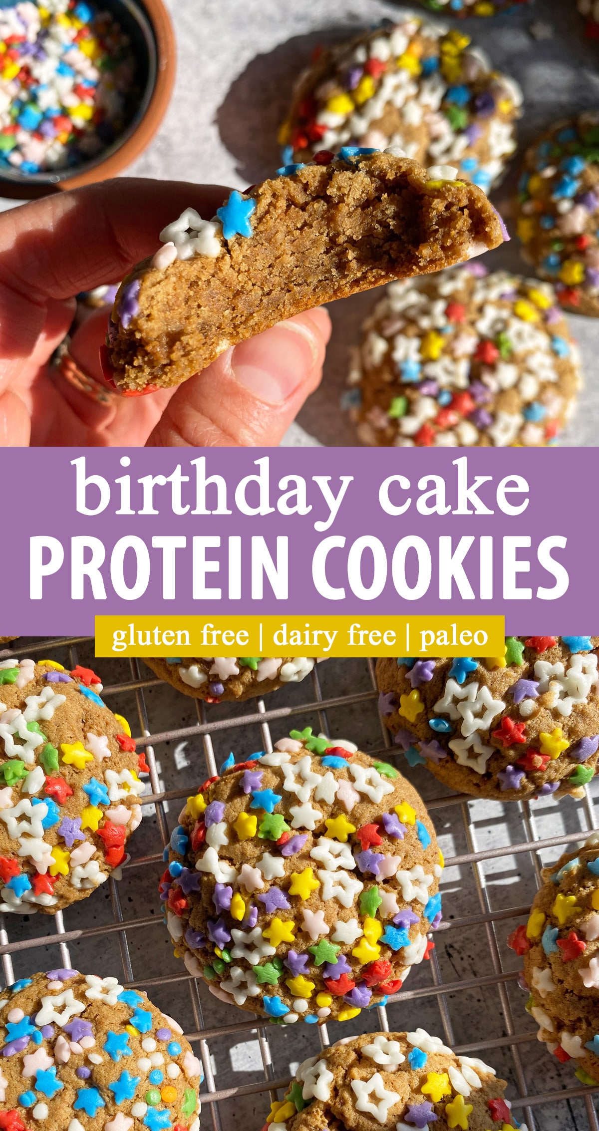 pinterest image for birthday cake protein cookies