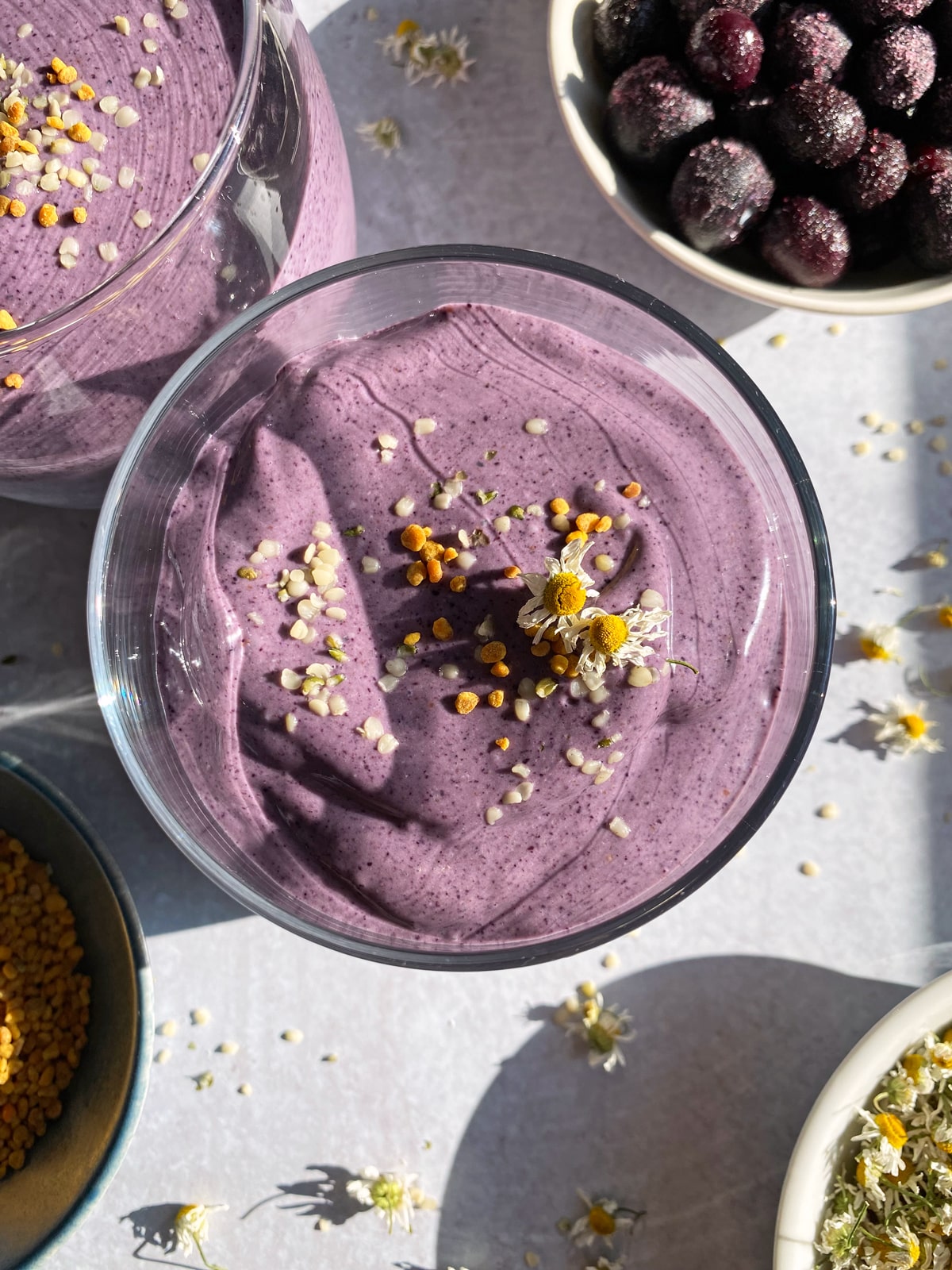 Blueberry hemp smoothie.