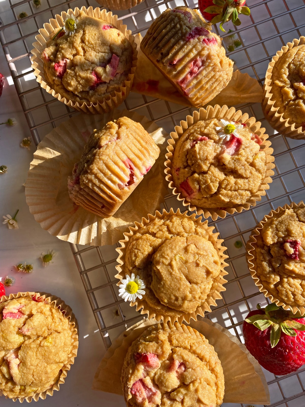 strawberry shortcake muffins on wire cooling rack