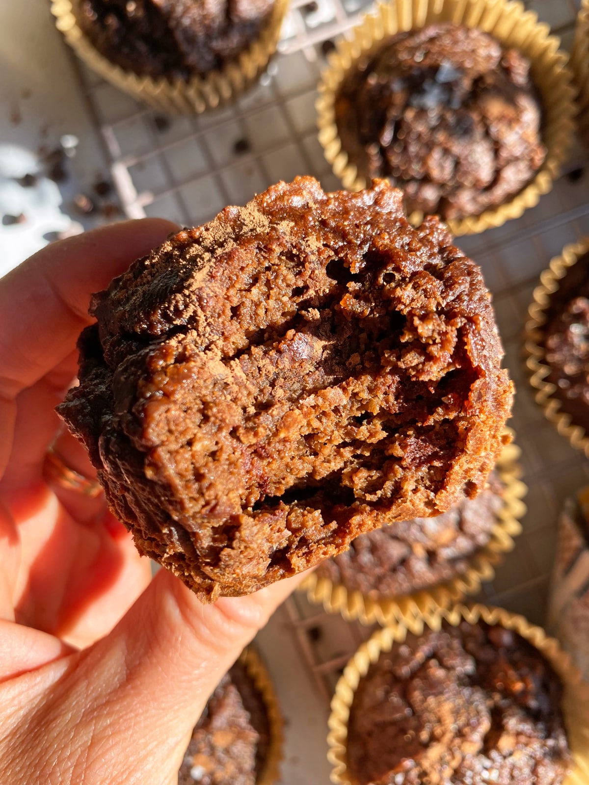 showing the texture of these moist paleo chocolate muffins