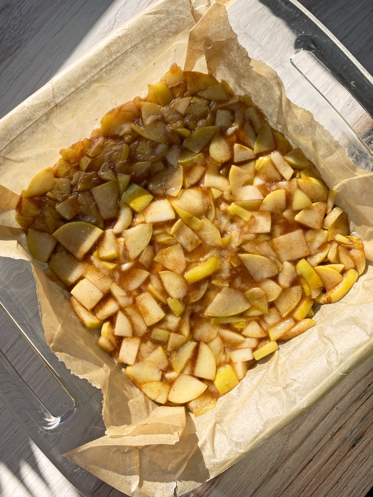 Filling on top of crust, in lined baking dish, ready to bake.