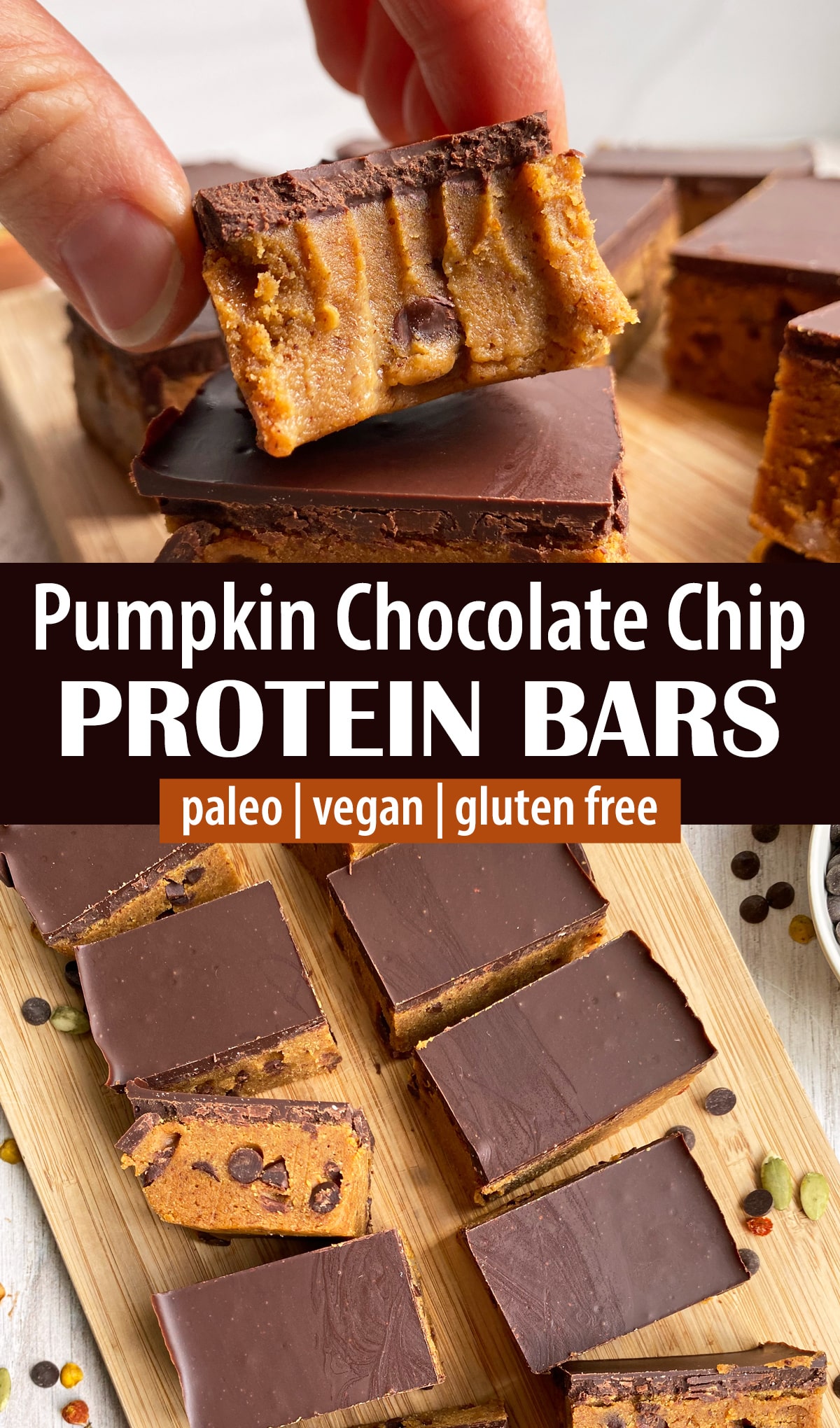 pinterest image for pumpkin chocolate chip protein bars.