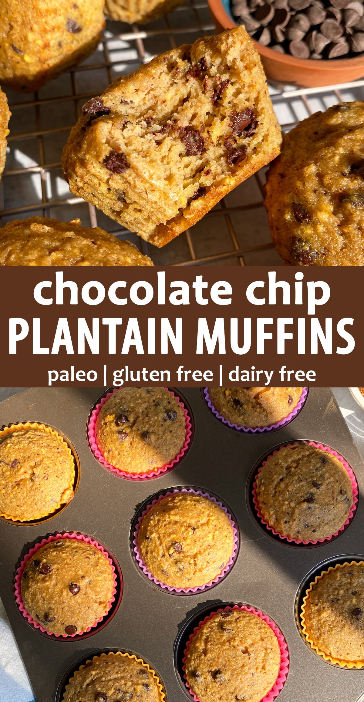 Pinterest image for chocolate chip plantain muffins.