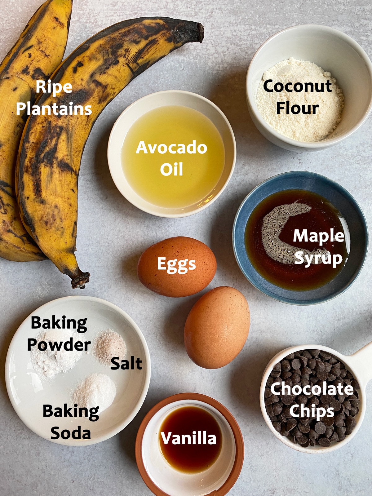 Ingredients needed to make chocolate chip plantain muffins.