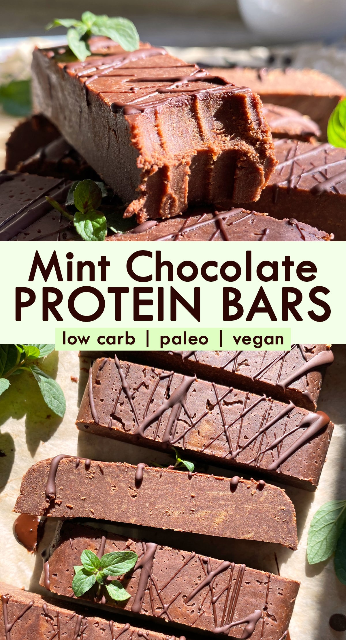 Pinterest image for mint chocolate protein bars.