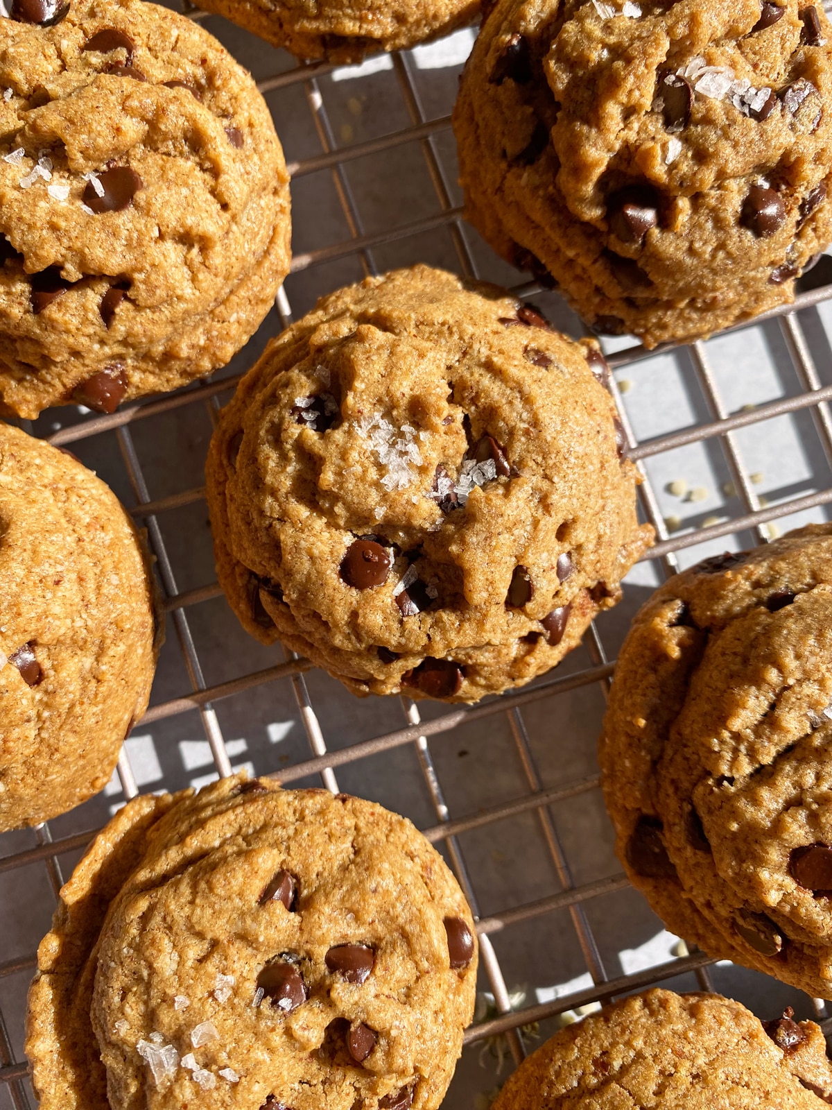 Almond butter cookies topped with flaked salt.