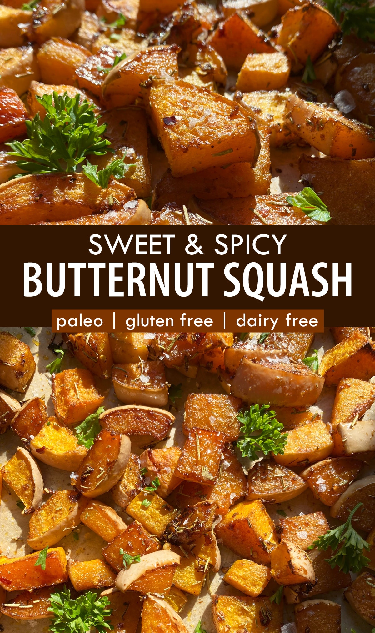 Pinterest image for sweet and spicy butternut squash.