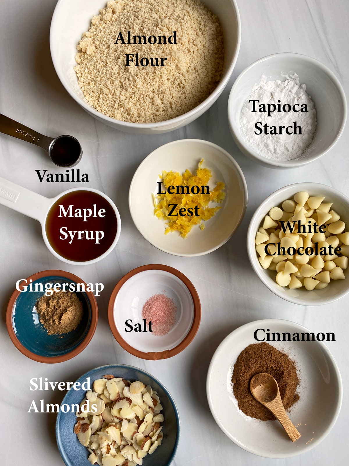Ingredients needed to make gluten free lemon ginger cookies with almond flour.
