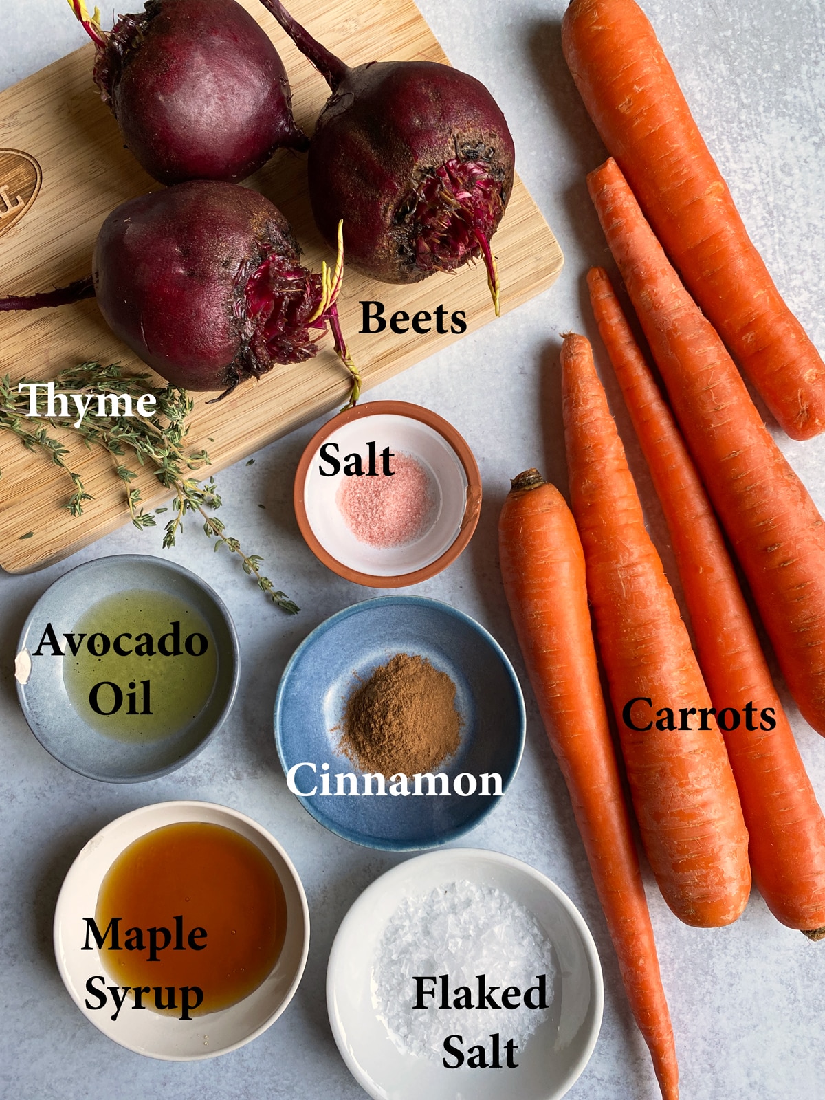 Ingredients needed to make maple roasted beets and carrots.