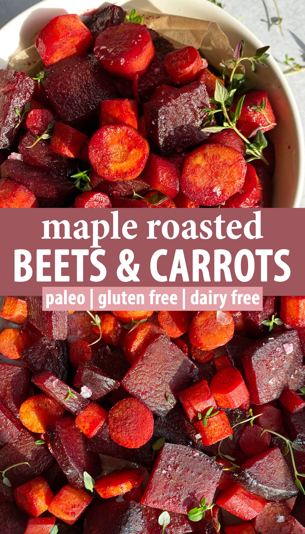 Pinterest image for maple roasted beets and carrots.