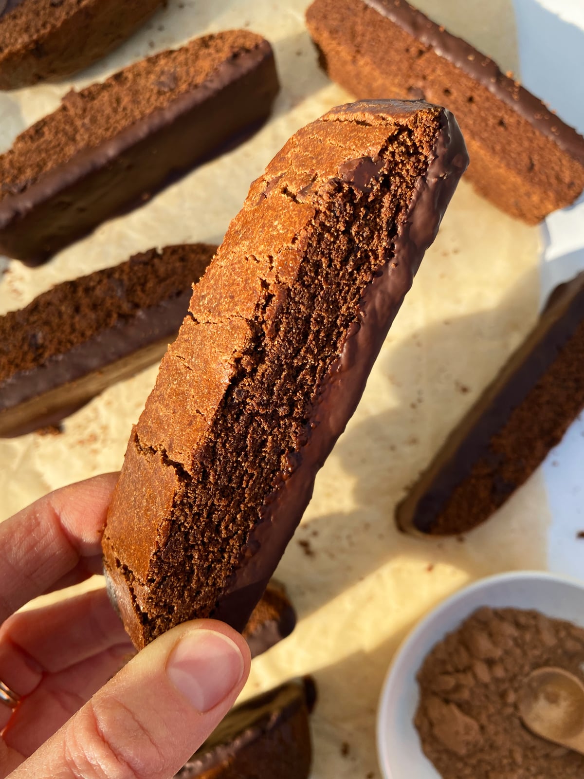 Holding a chocolate biscotti.