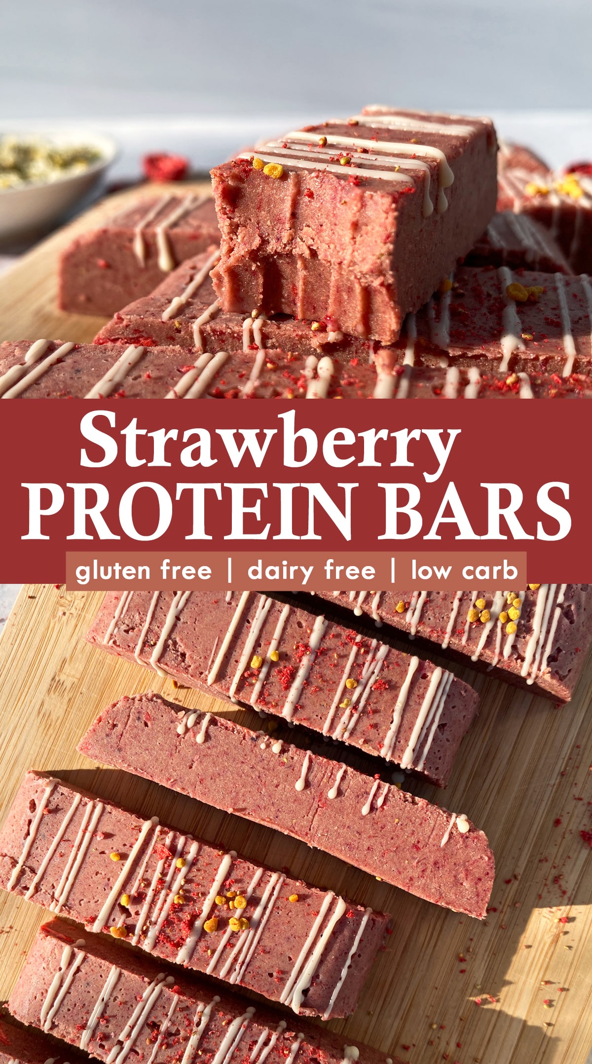 Pinterest image for strawberry protein bars.