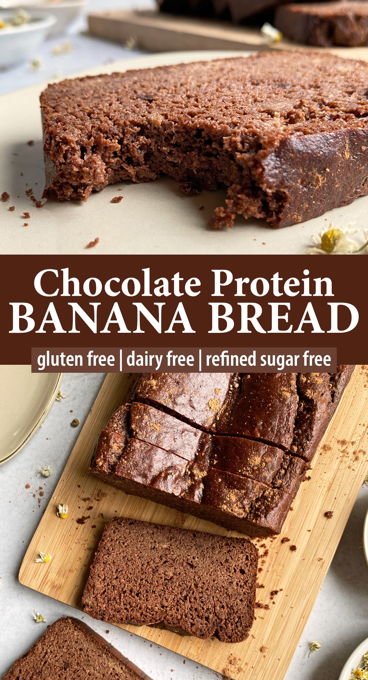 Pinterest image for chocolate protein banana bread.