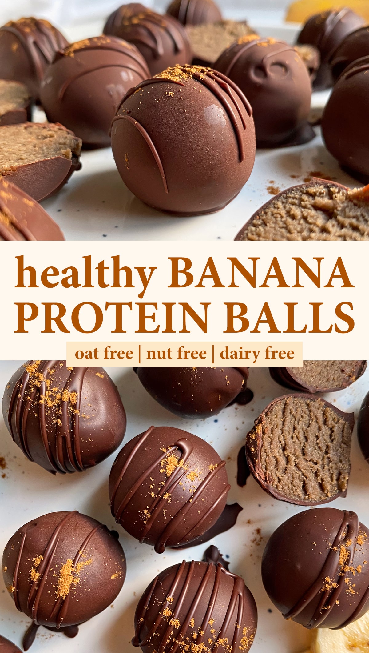 Pinterest image for healthy banana protein balls.
