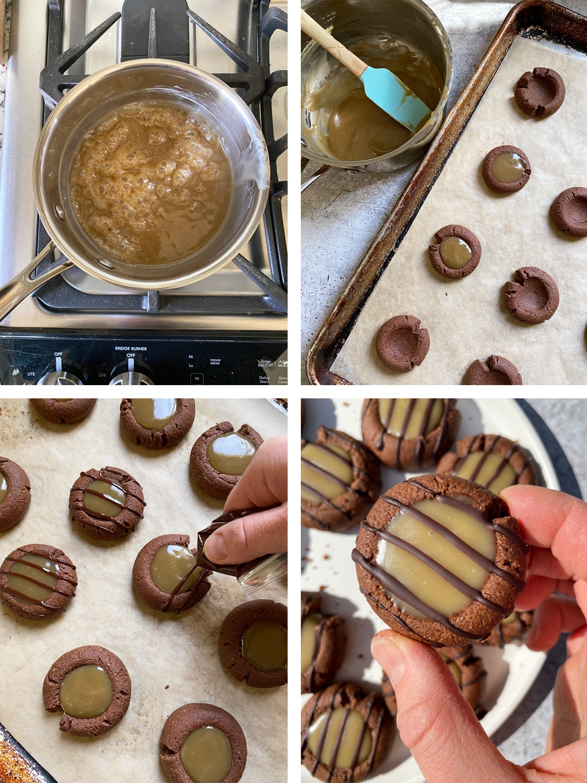 Showing how to make the caramel and add the dark chocolate drizzle.