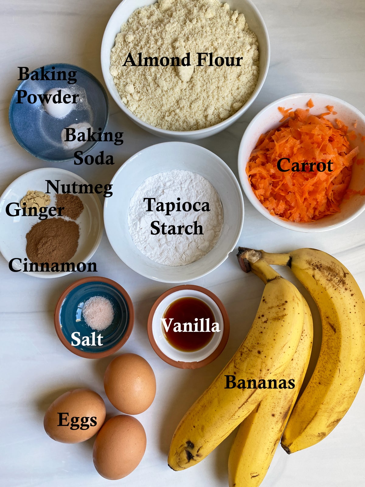 Ingredients in gluten free banana carrot muffins.