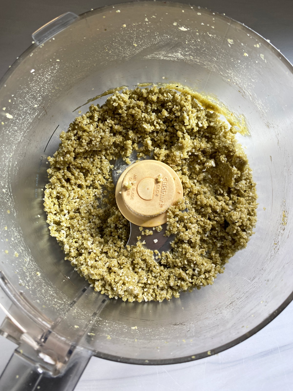 Protein ball dough in food processor, after everything is blended together.
