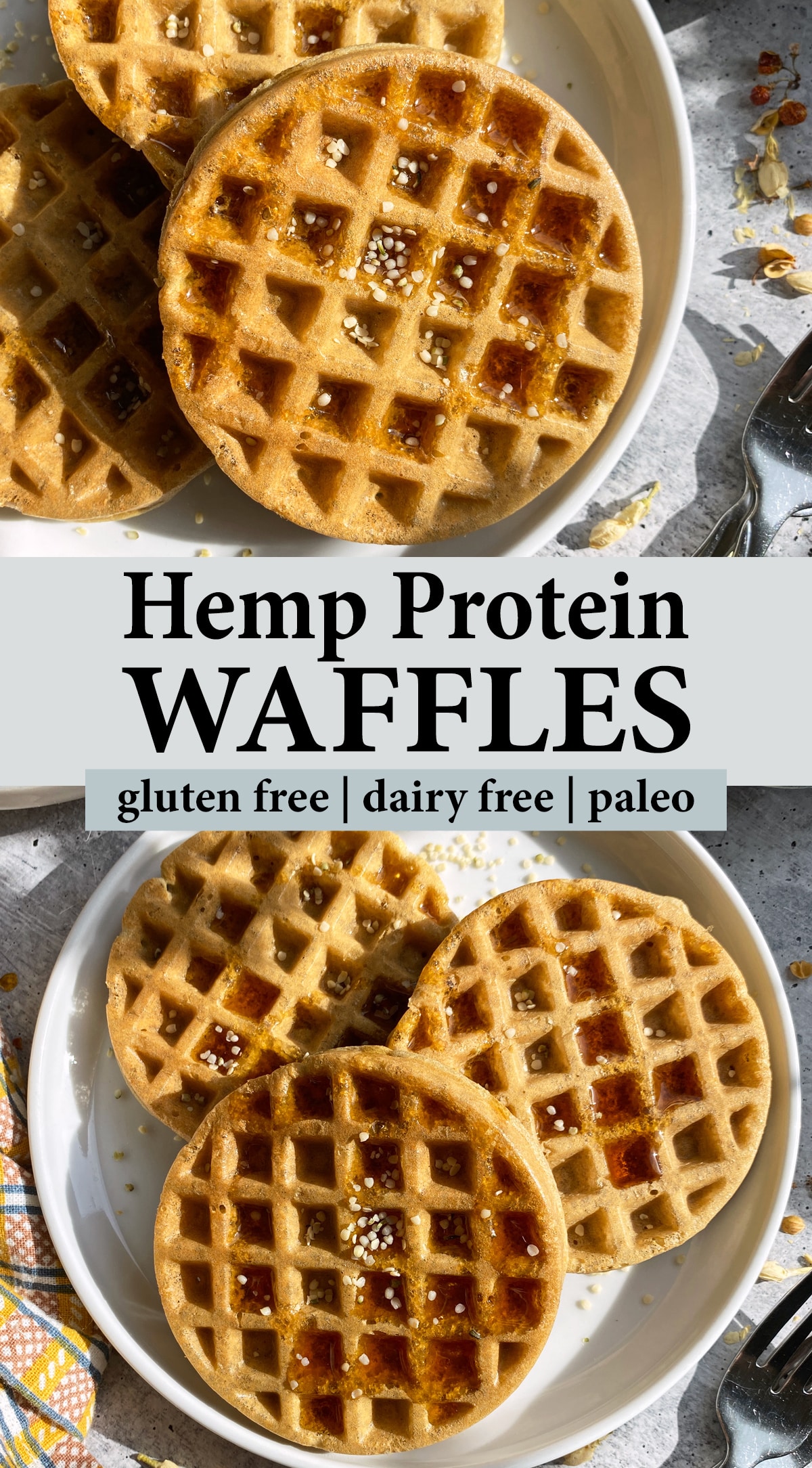 Pinterest image for hemp protein waffles.