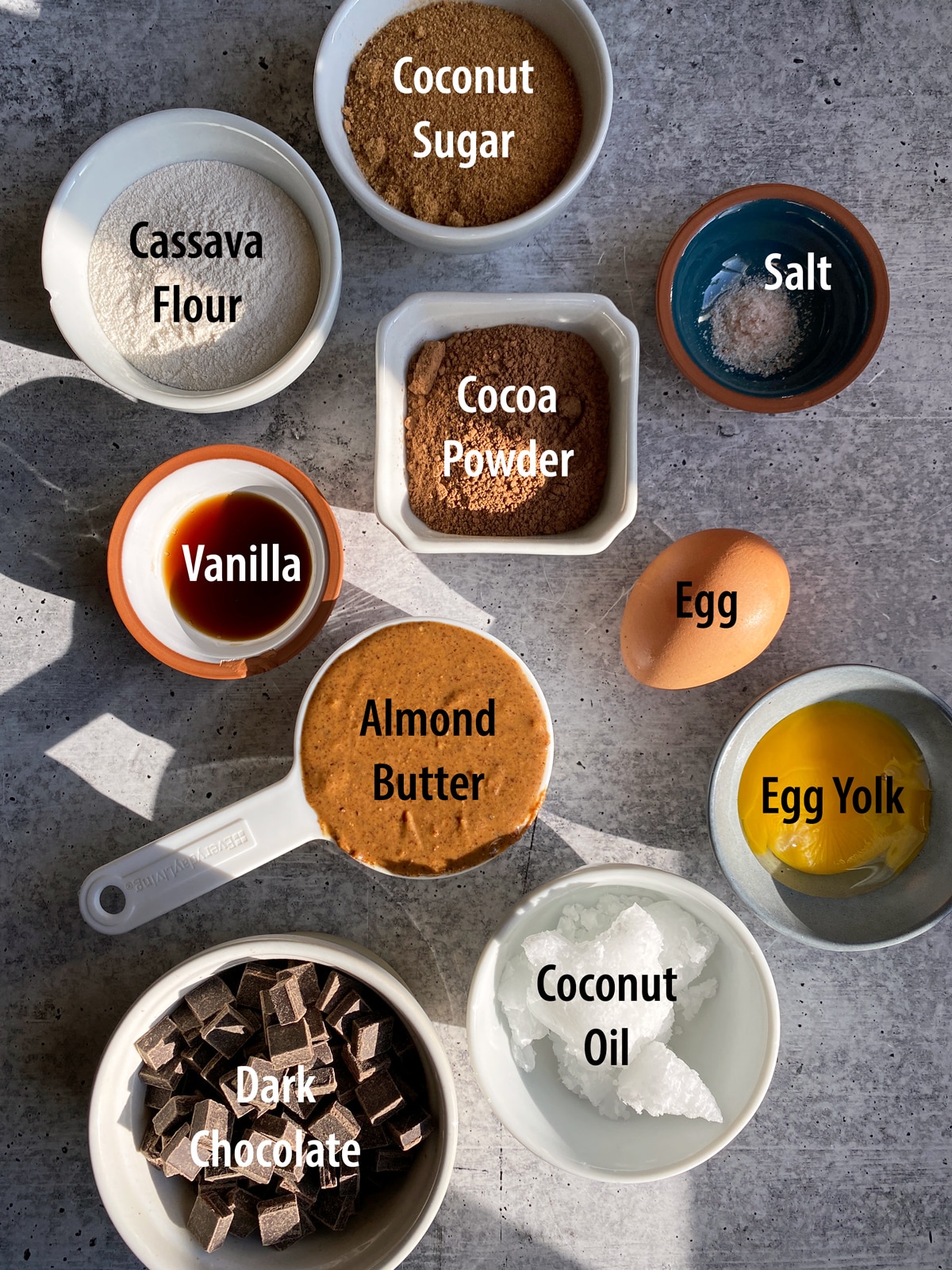 Ingredients needed to make cassava flour brownies.