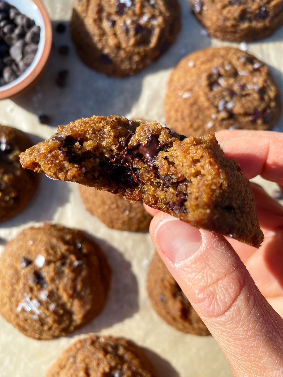 Holding a cookie with a bite out of it to show the inside texture.