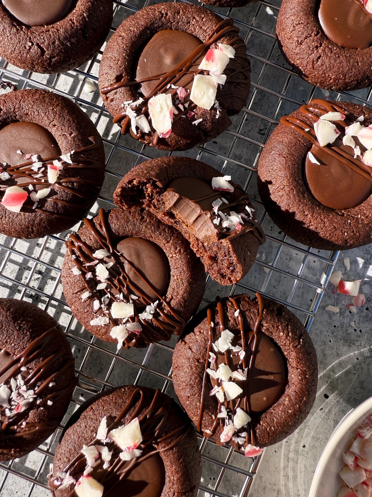 Gluten free chocolate peppermint thumbprint cookies.