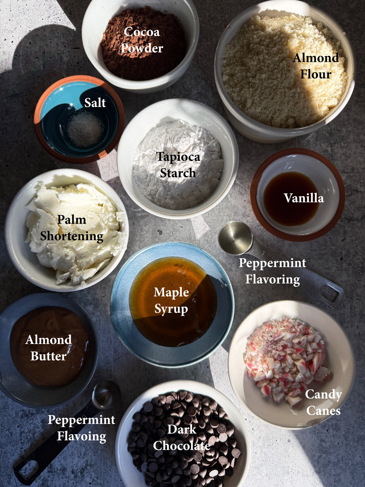 Ingredients in chocolate peppermint thumbprint cookies.