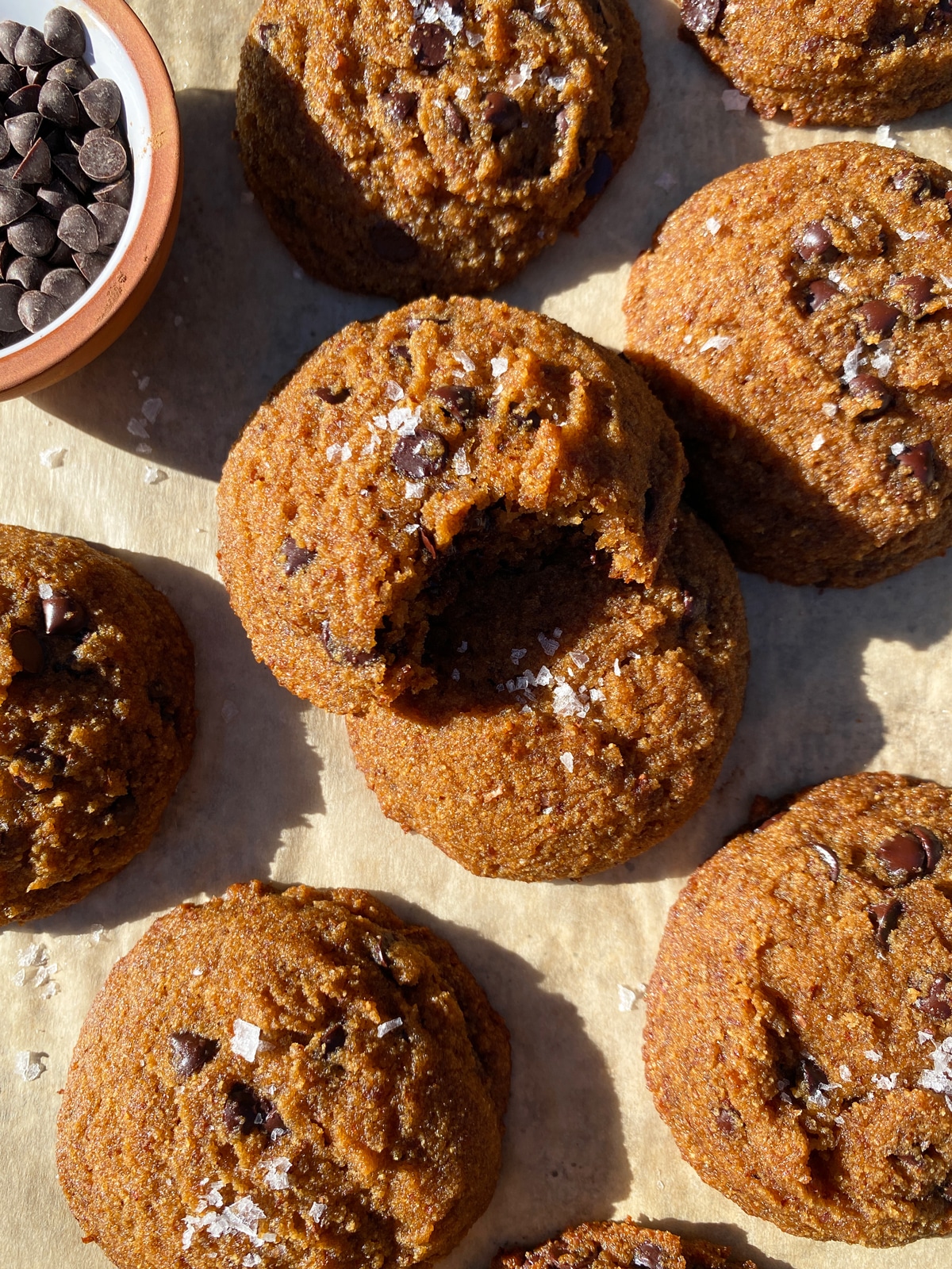 Healthy almond pulp chocolate chip cookies.